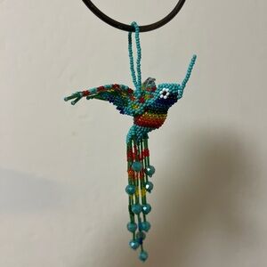 Beaded Hummingbird Hanging Keychain Teal Rainbow Bird Decoration Guatemala 6”